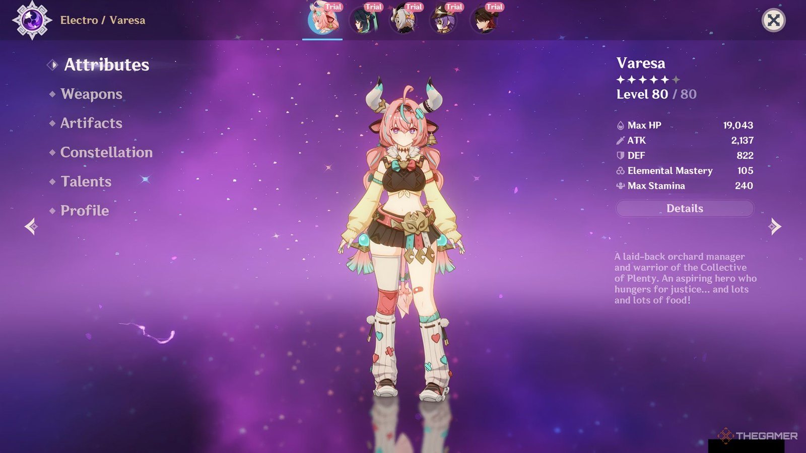 Varesa display screen from her trial run in Genshin Impact.