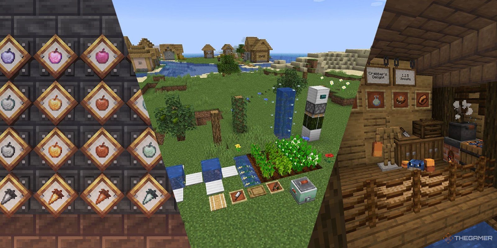 Starting A New Minecraft World? You Need To Set Up These Farms First 1 A Split Image Featuring Images From Minecraft Mods Create Blazing Hot, Sushi Go Crafting, And Crabber's Delight