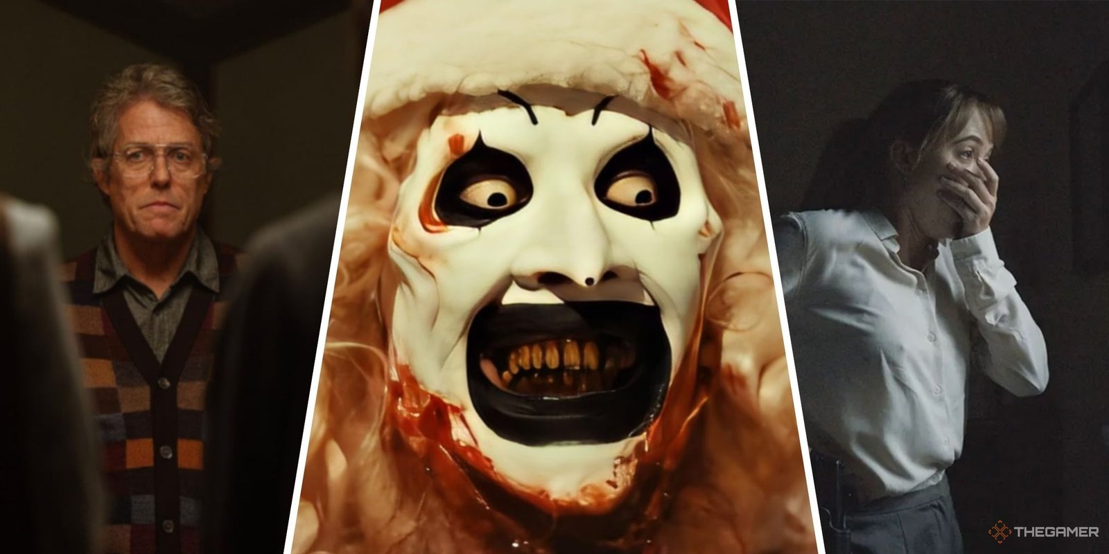 The Best Horror Movies About Haunted Houses 1 Three-image collage of Hugh Grant in Heretic, Art the Clown in Terrifier 3, and Maika Monroe's character in Longlegs.
