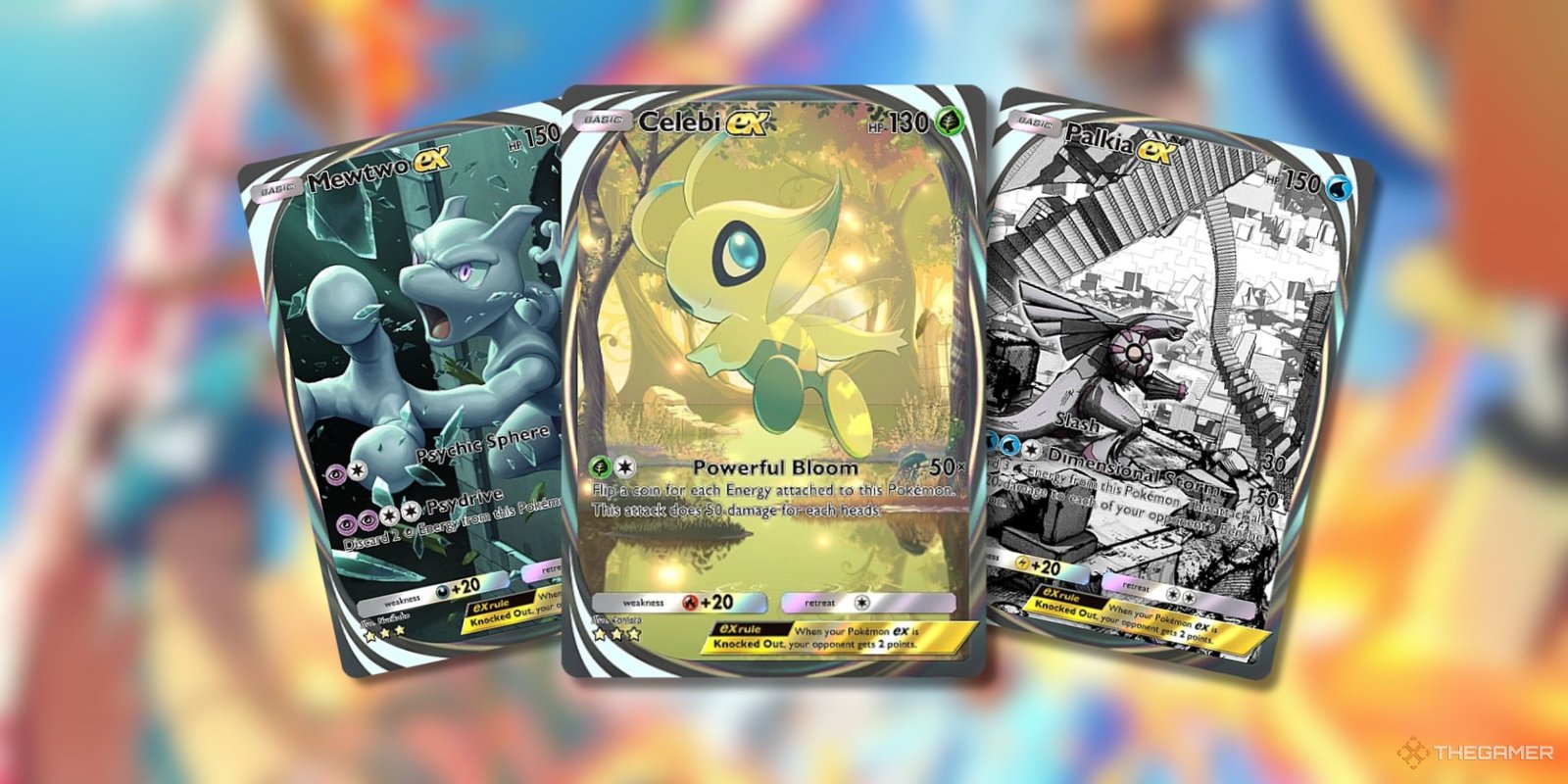 The Best Stage 2 Pokemon In TCG Pocket: Shining Revelry 4 Pokemon Trading Card Game Pocket Mewtwo ex, Celebi ex, and Palkia ex immersive cards displayed on a blurred background.
