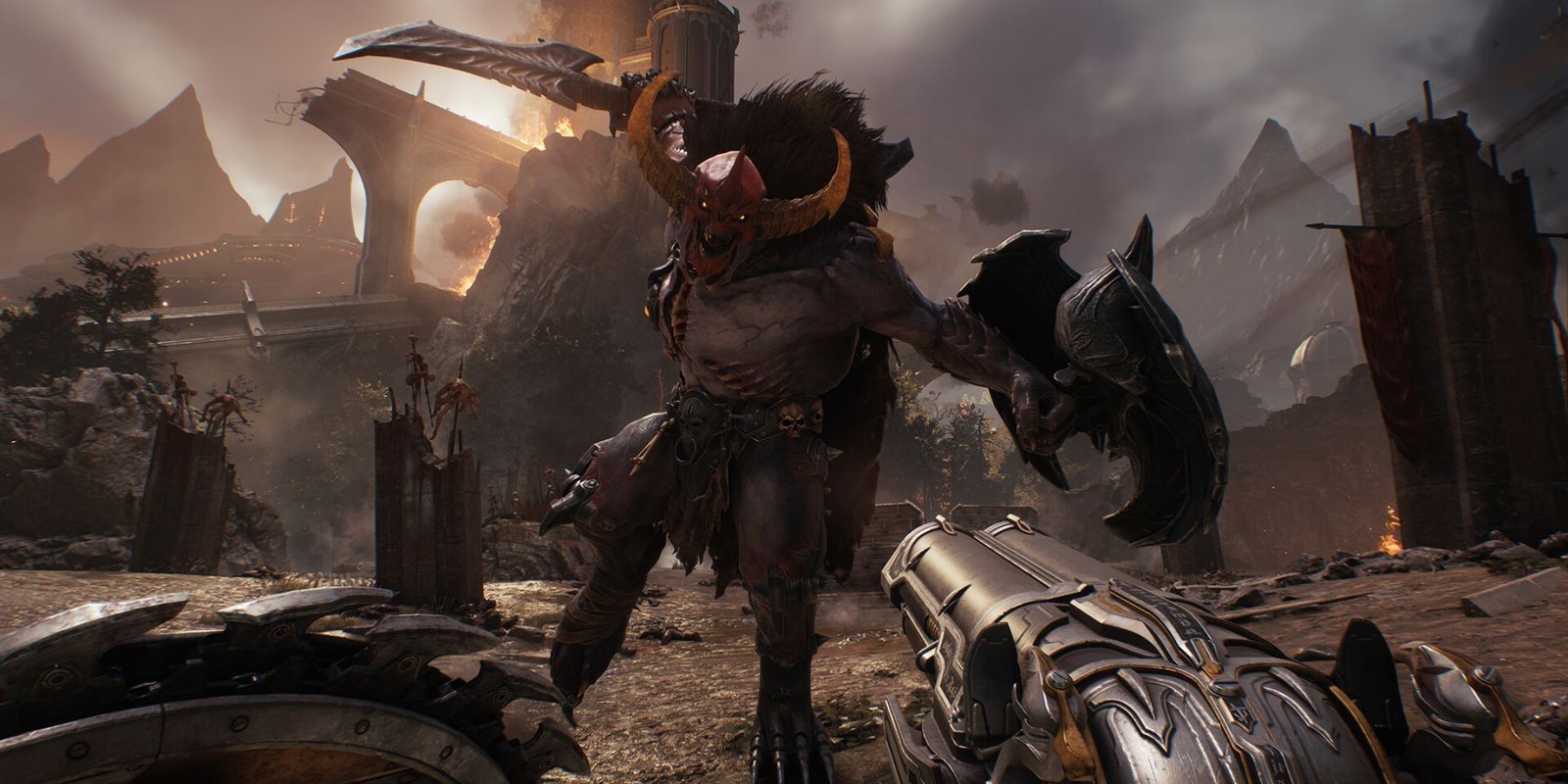 The Doom Slayer wielding the shotgun and Shield Saw.