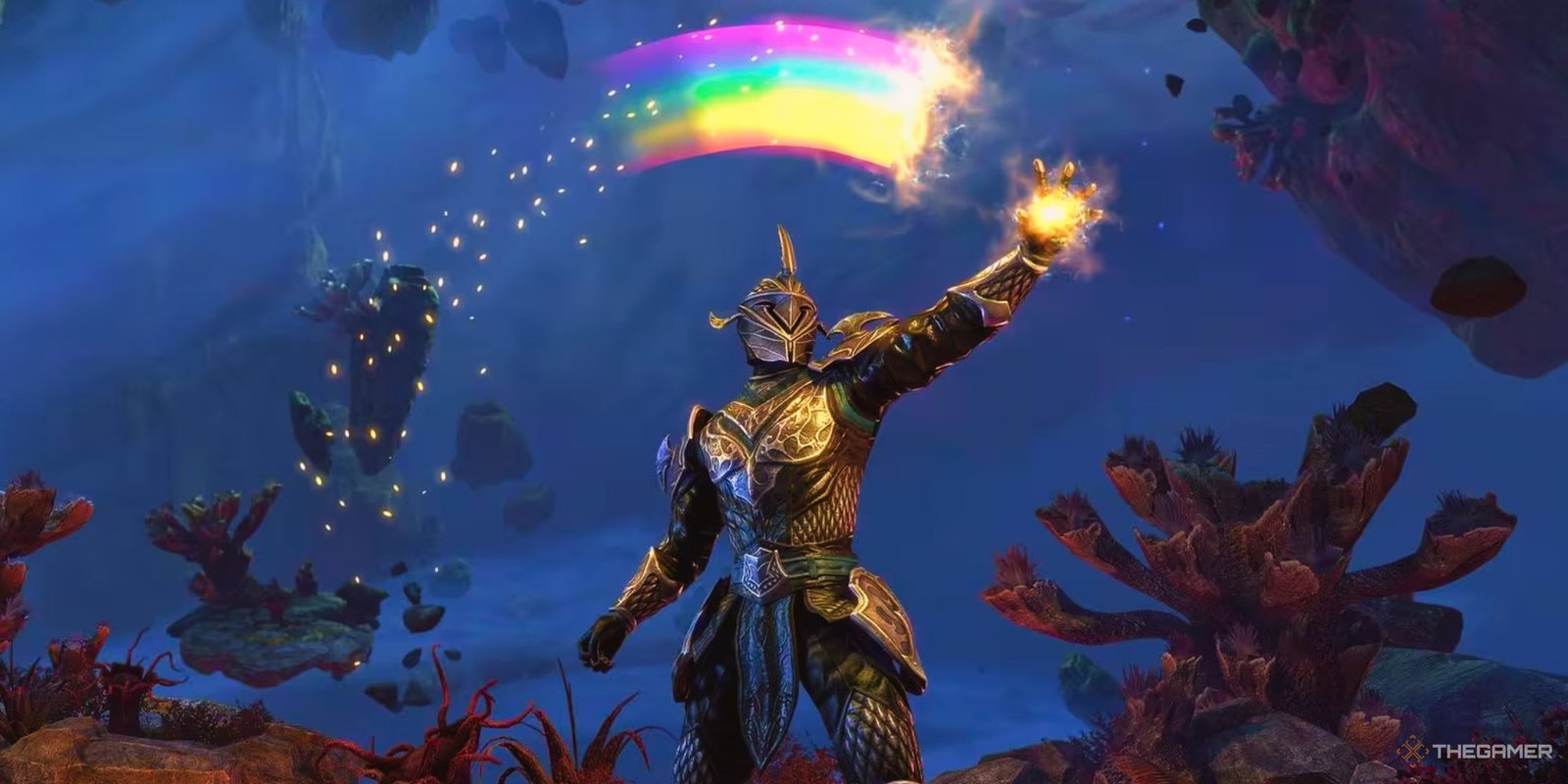 The Elder Scrolls Online player conjuring a rainbow with magic.