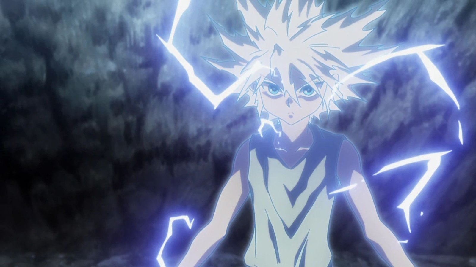 Killua from Hunter X Hunter looking serious while activating God Speed.
