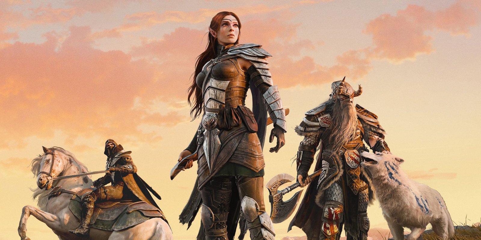 The Elder Scrolls Online three heroes standing over a sunset.