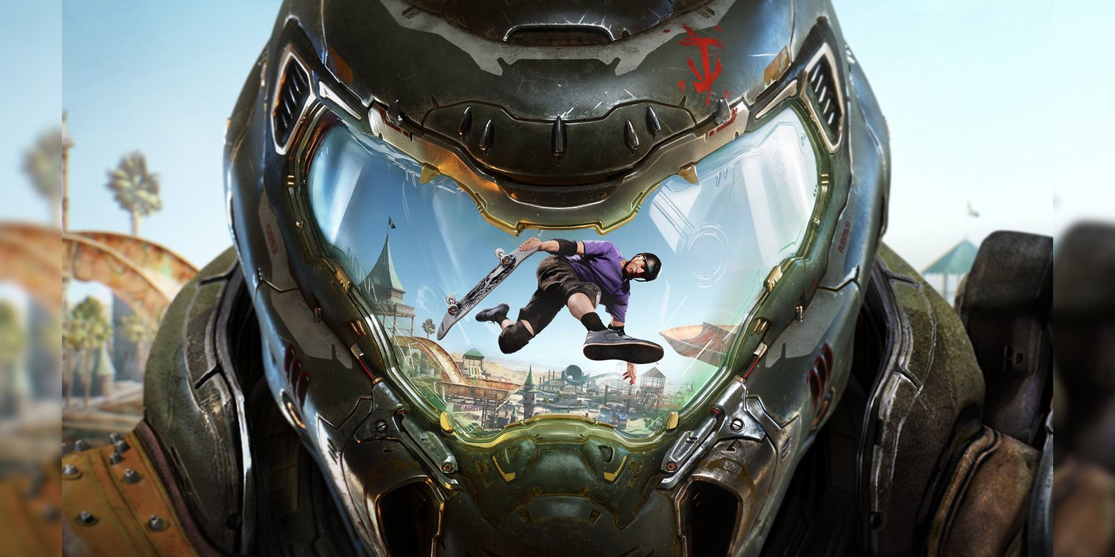 Tony Hawk's Pro Skater 3+4 Remake Is Getting Taco Bell-Themed Content In A New Collab 1 Tony Hawk on his skateboard reflected in Doom Slayer's visor.