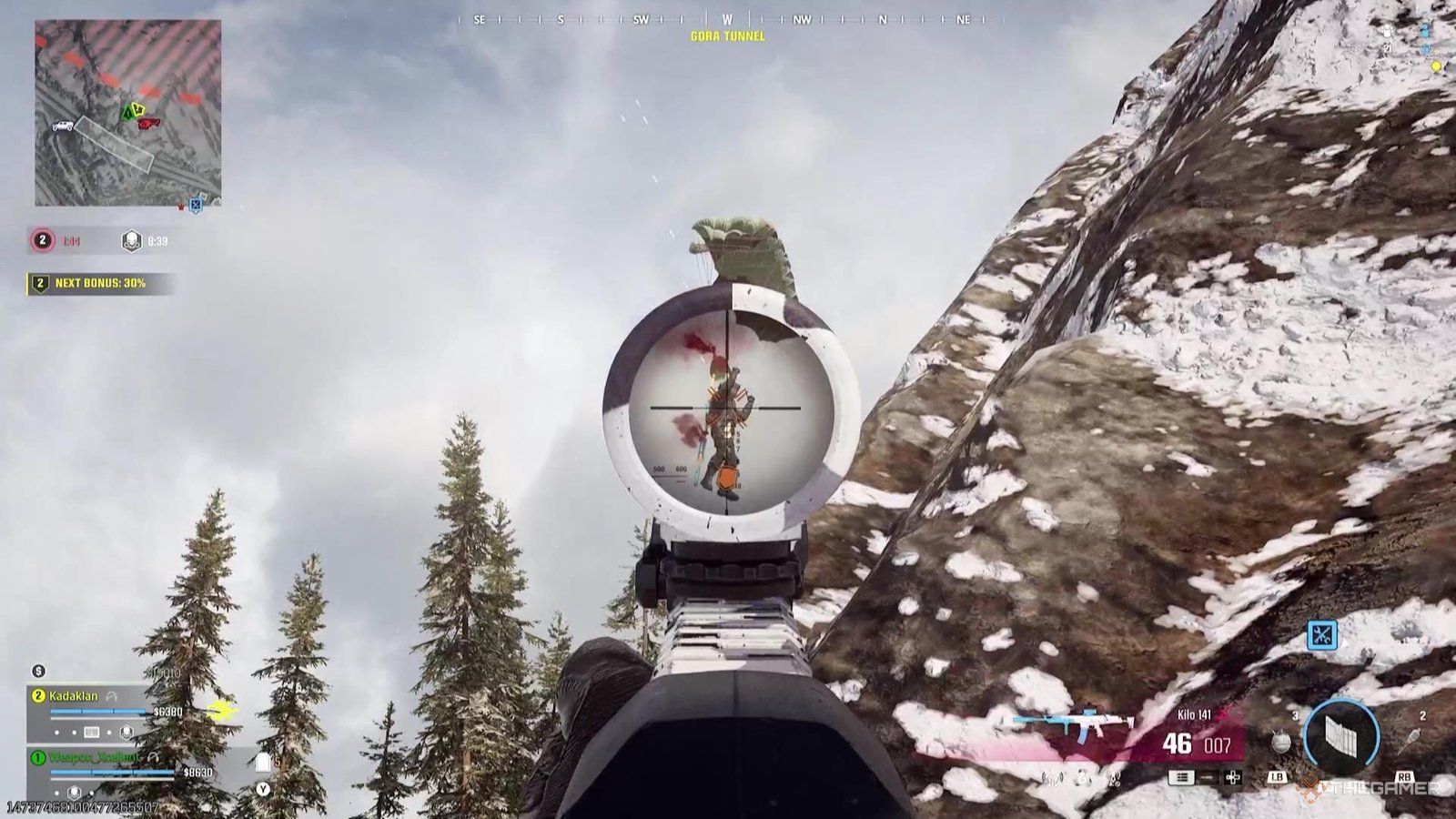 Shooting at at enemy in a parachute in Call of Duty Warzone.