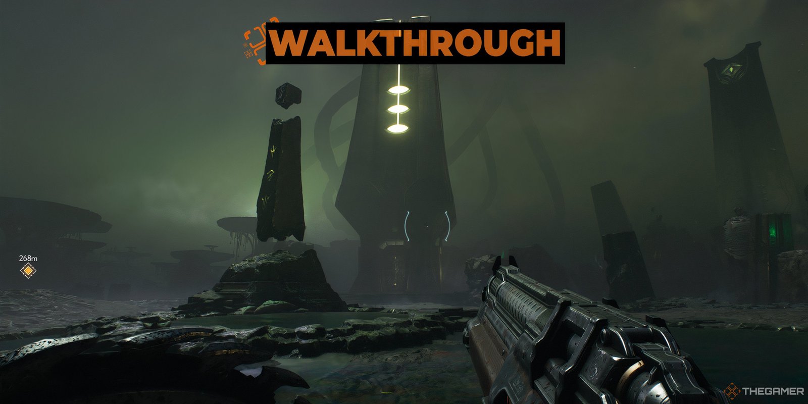 Where To Find Every Secret In Chapter 17 Of Doom: The Dark Ages 1 Doom Slayer looking at a large tower with green yellow lights glowing on top in Doom: The Dark Ages. On the left is a floating stone monolith.