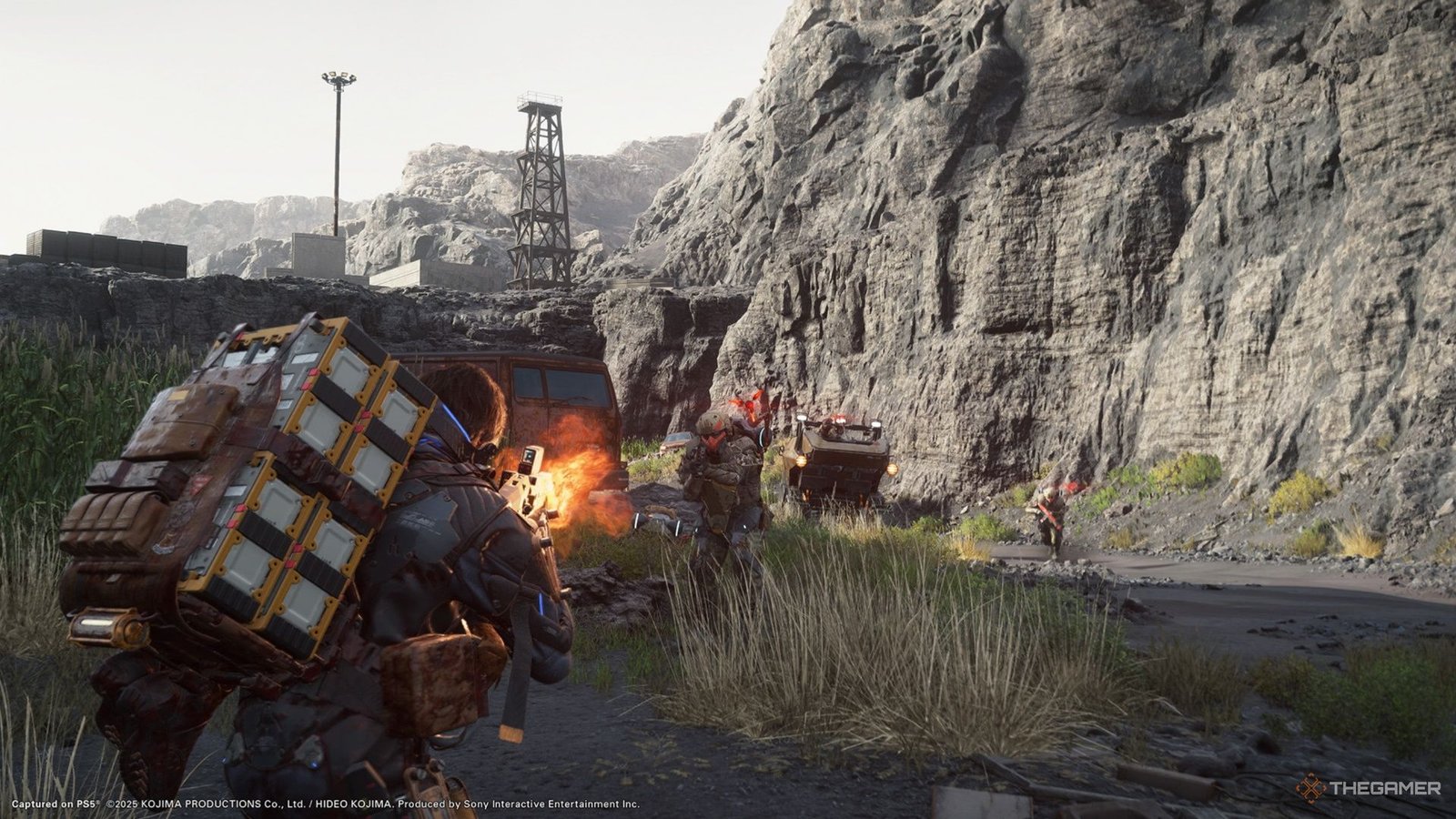 Sam engages in a firefight with enemy bandits in Death Stranding 2. 