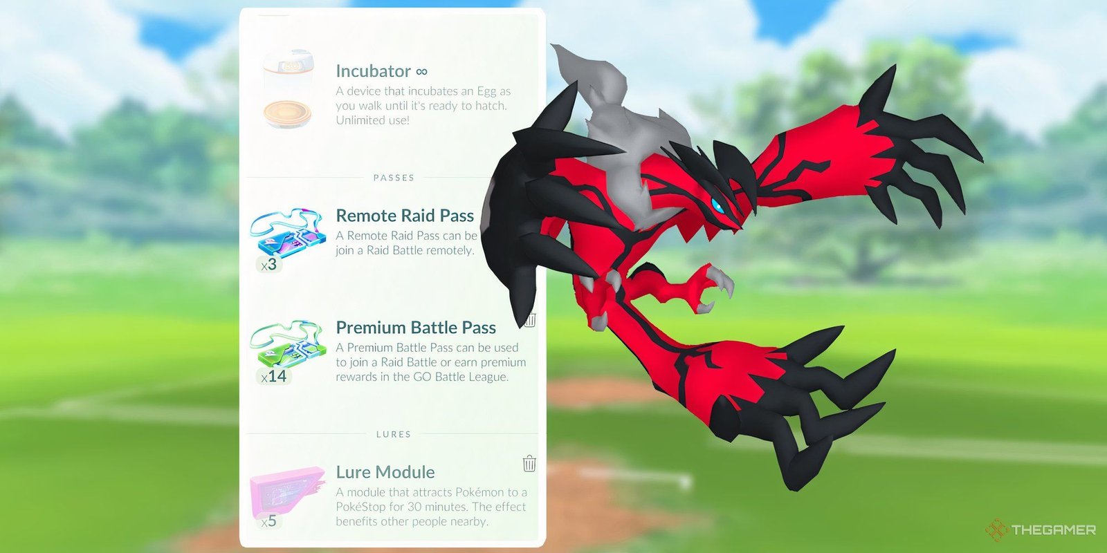 Taken Over Event For Pokemon Go 6 Yveltal next to the Item screen from Pokemon Go.
