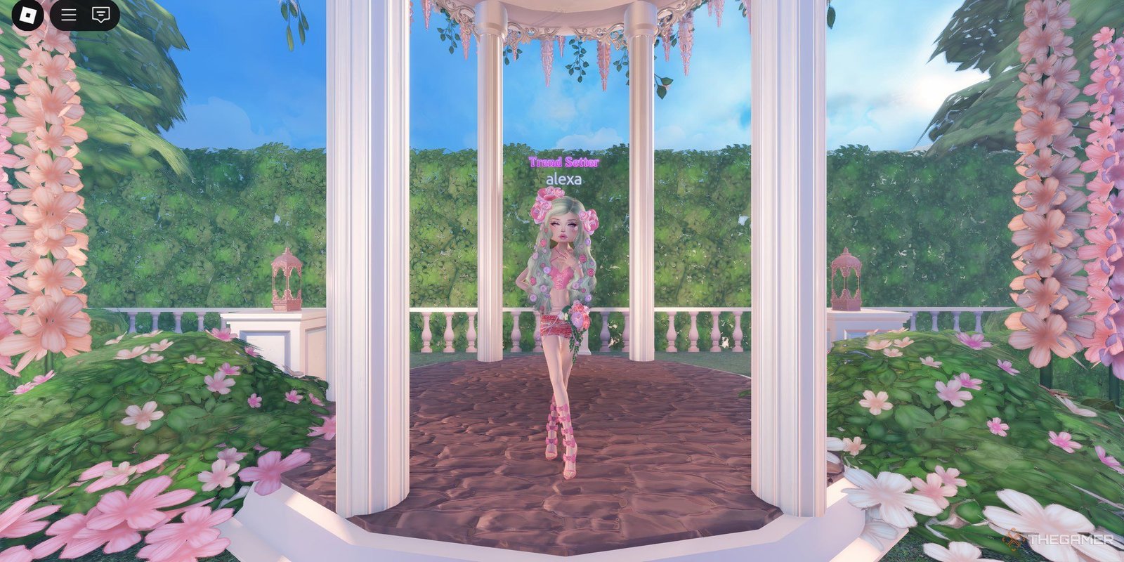 A Roblox avatar on Dress to Impress performing the Shine pose in a lush garden.
