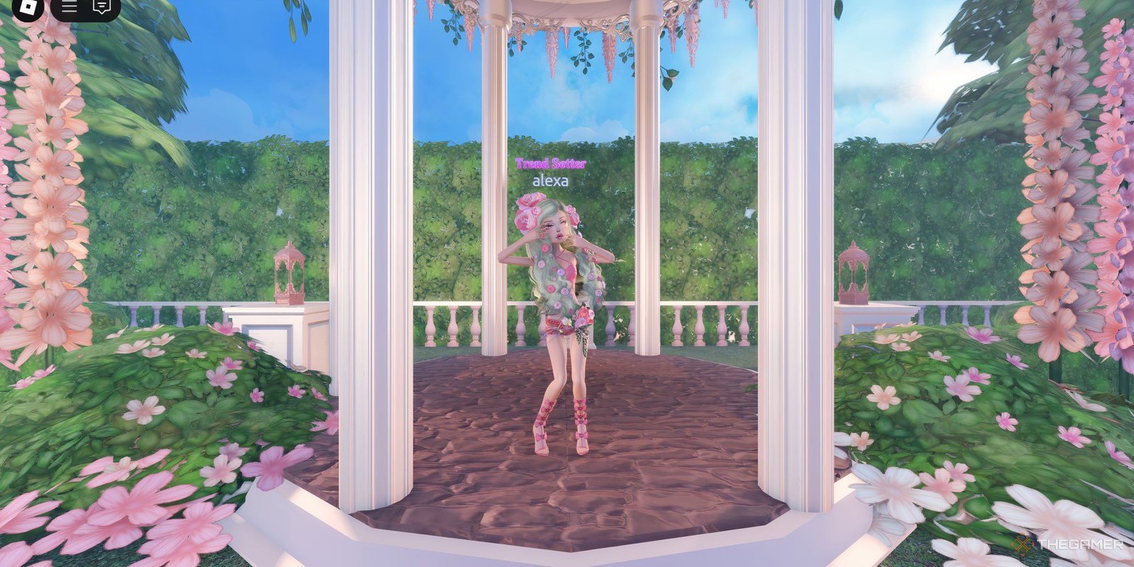 A Roblox avatar on Dress to Impress performing the Ruffle pose in a lush garden.
