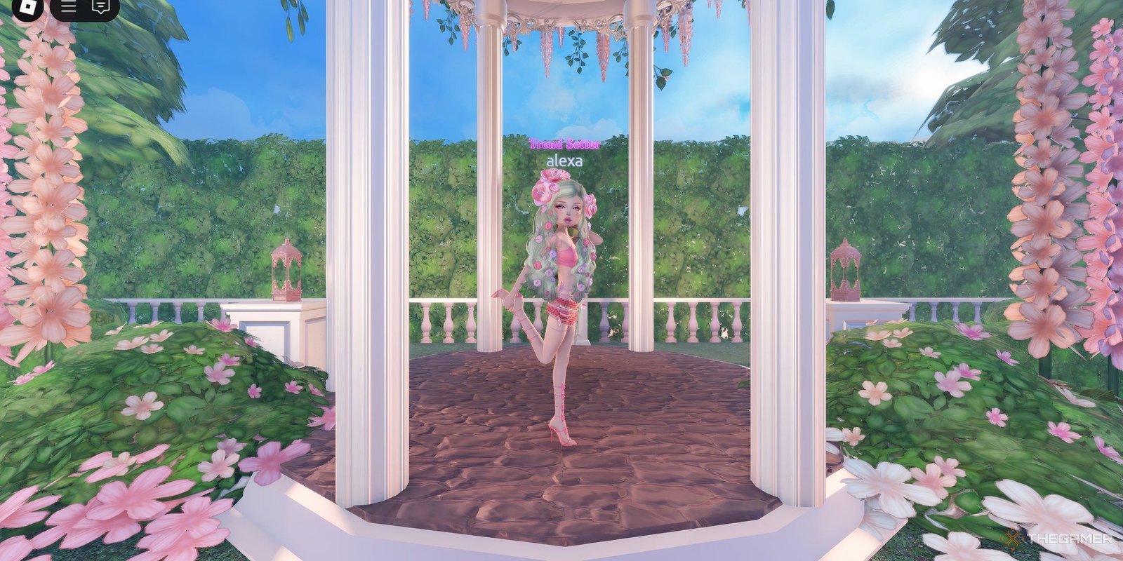 A Roblox avatar on Dress to Impress performing the Quirk pose in a lush garden.