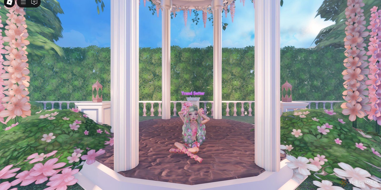 A Roblox avatar on Dress to Impress performing the Light pose in a lush garden.
