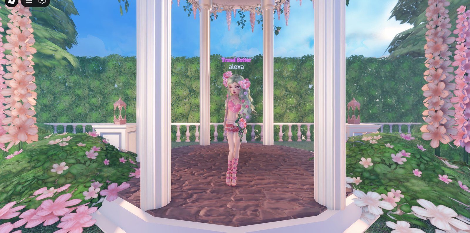 Best poses in petal update:  1. Zap 2. Petal 3. Light 4. Crisp 5. Quirk 6. Ruffle 7. Shine 8. Inspire  A Roblox avatar on Dress to Impress performing the Drift pose in a lush garden.