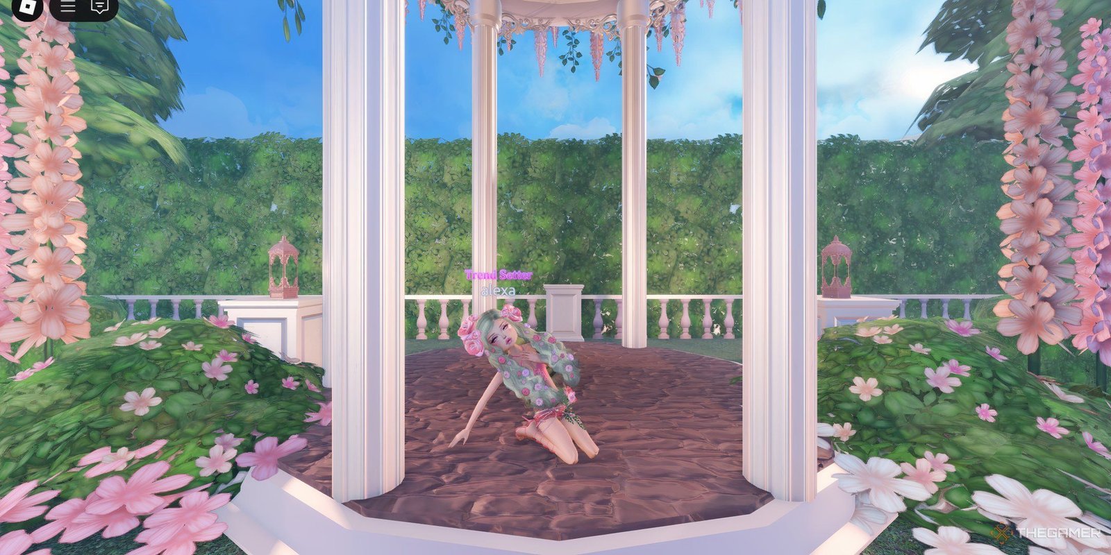 A Roblox avatar on Dress to Impress performing the Petal pose in a lush garden.