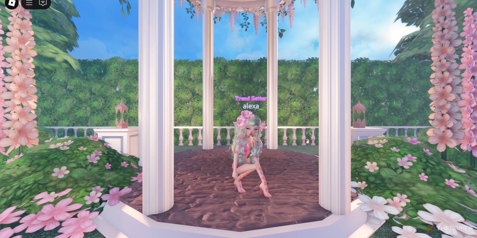 A Roblox avatar on Dress to Impress performing the Zap pose in a lush garden.
