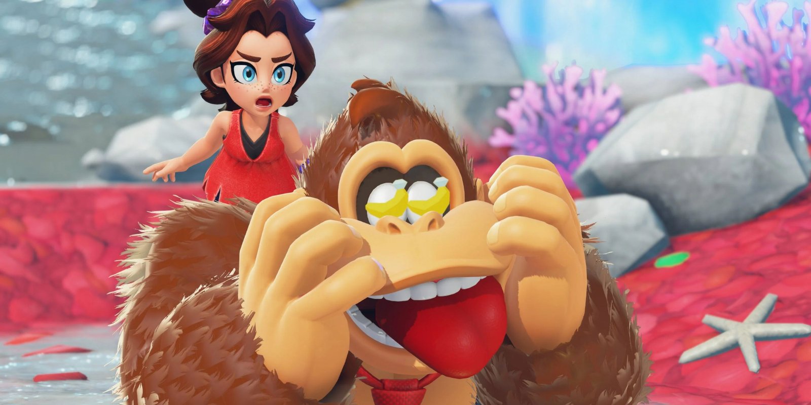 Playing Old Games On The Switch 2 Is Way More Fun Than Playing New Games 4 donkey kong with bananas in his eyes and pauline on his shoulder in bananza.