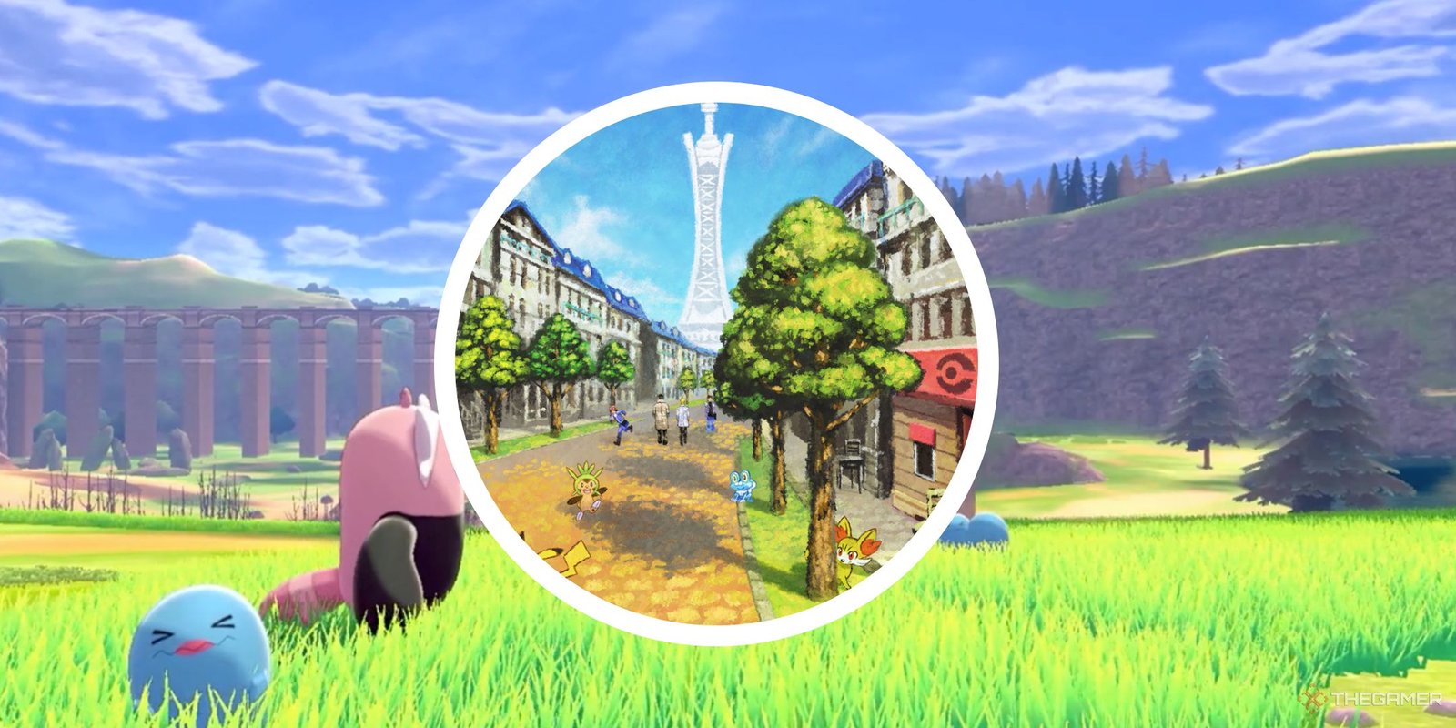 Pokemon So Human-Like I'm Scared They're Actually A Person In Disguise 5 A background from Pokemon Sword and Sheild with a circle PNG of Lumiose City.