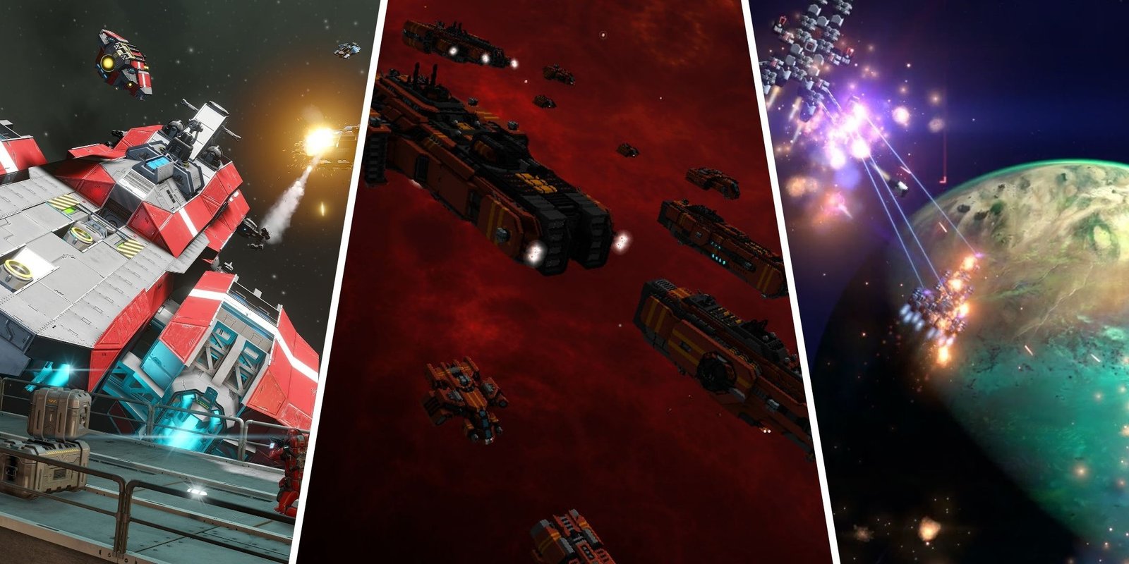 Games The NPCs Have Their Own Lives And Stories 4 From left to right: a white and red spaceship dangerously close to a space station, a fleet of ships flying together in a red galaxy, and two ships firing lasers at one another above a blue-green planet.