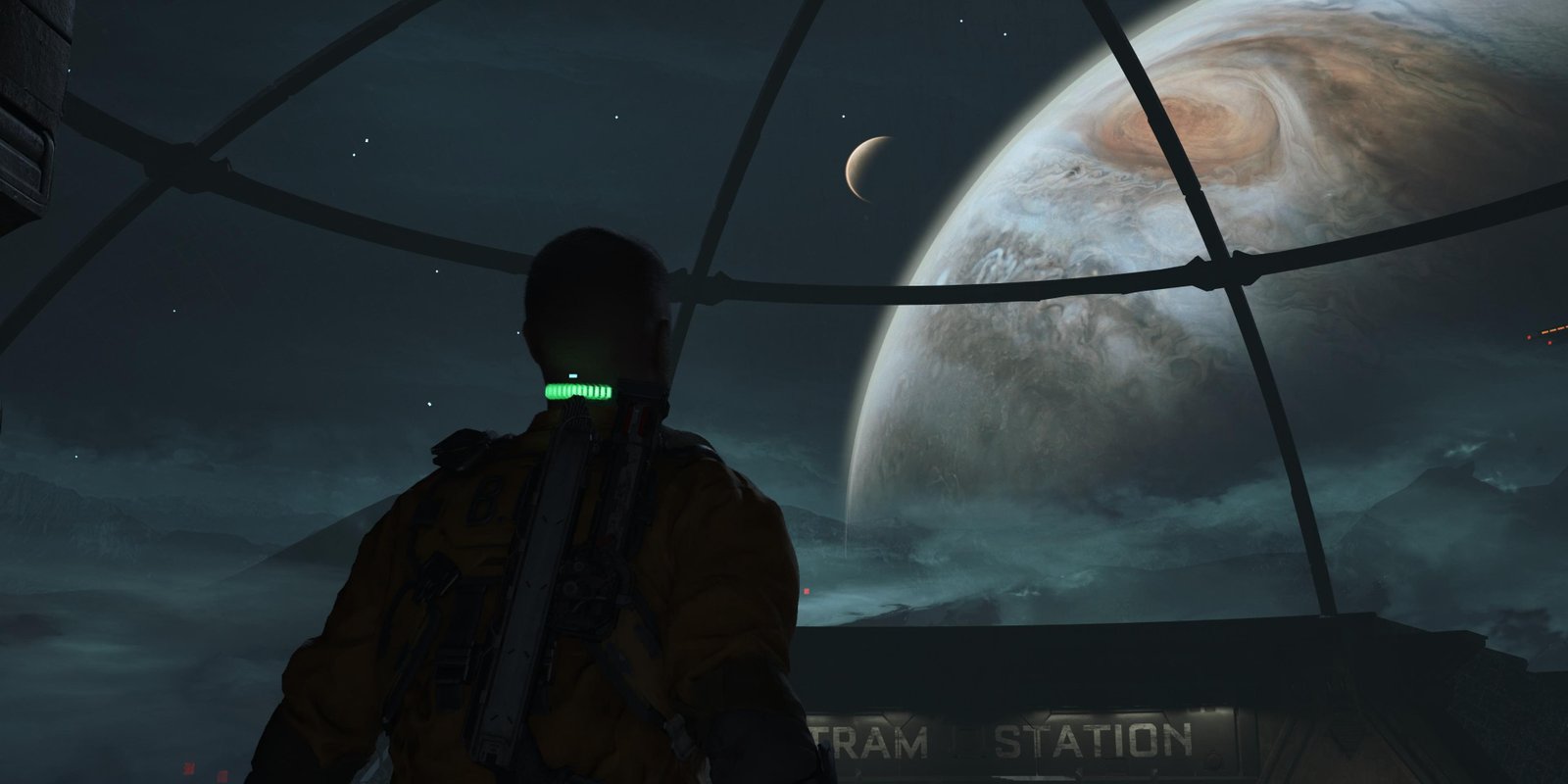 Jacob looking out the window to see Jupiter in The Callisto Protocol.