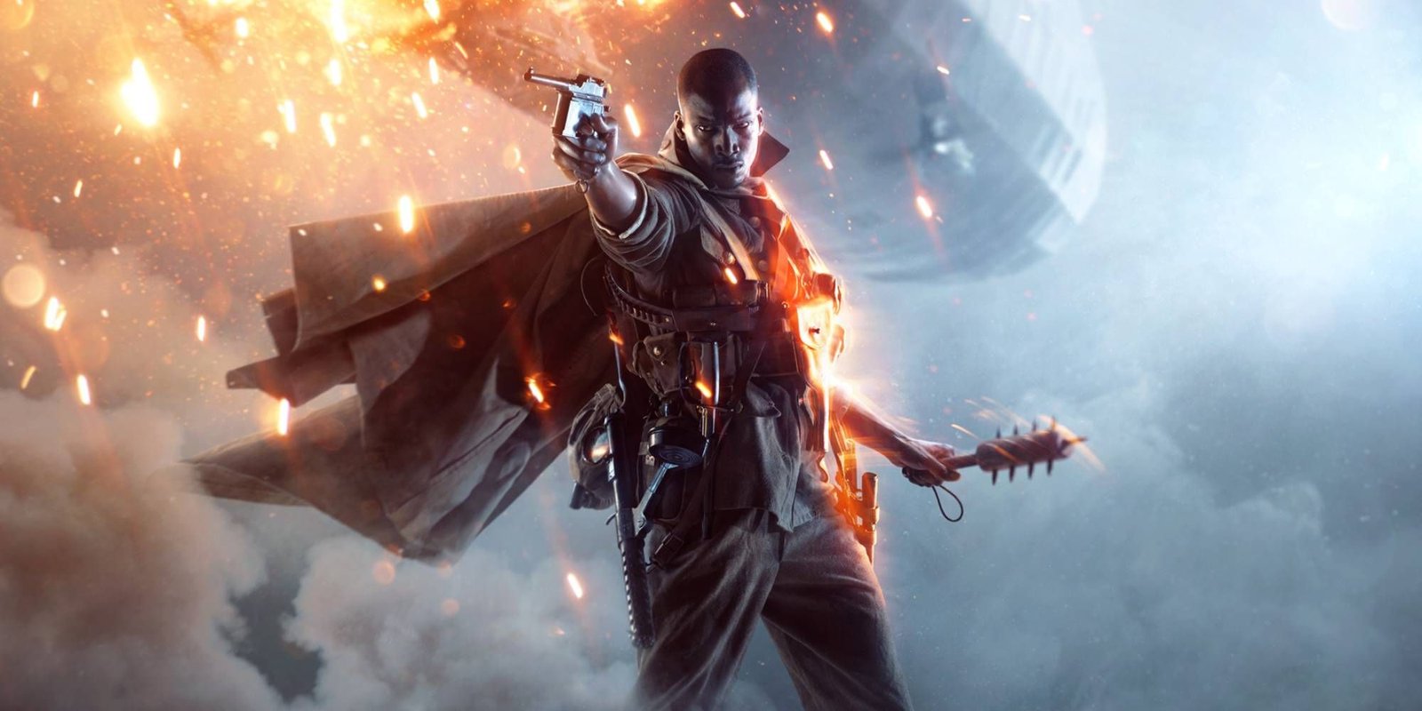 A figure holding a Luger pistol and illuminated by orange light and sparks.