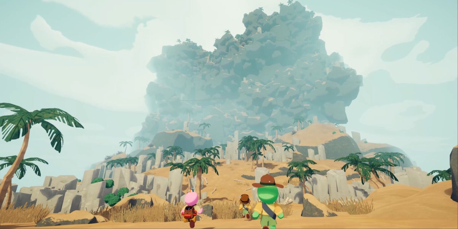 A party of the main characters running towards a mountain in Peak.