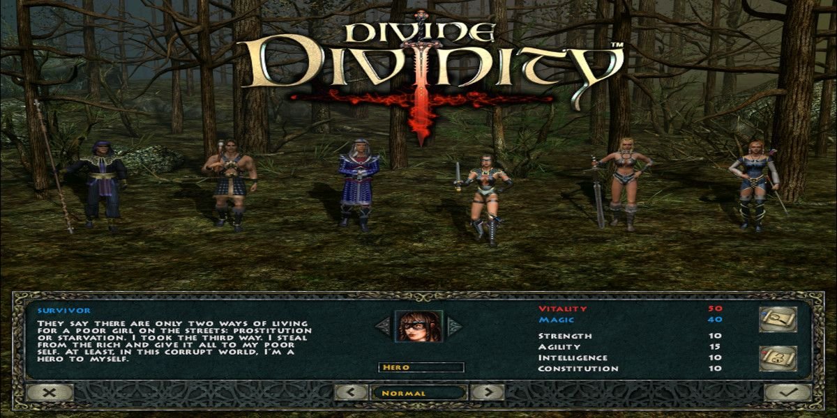The character select screen for Divine Divinity, male and female options of all three classes shown.
