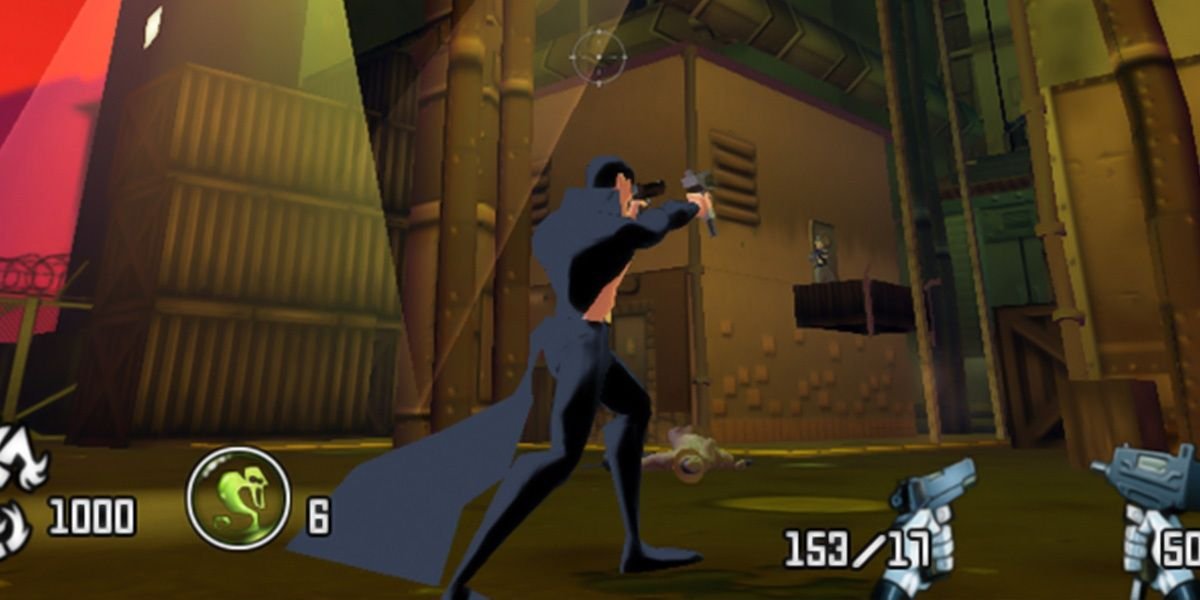 Drake explores the city while aiming dual-wield guns at an enemy.