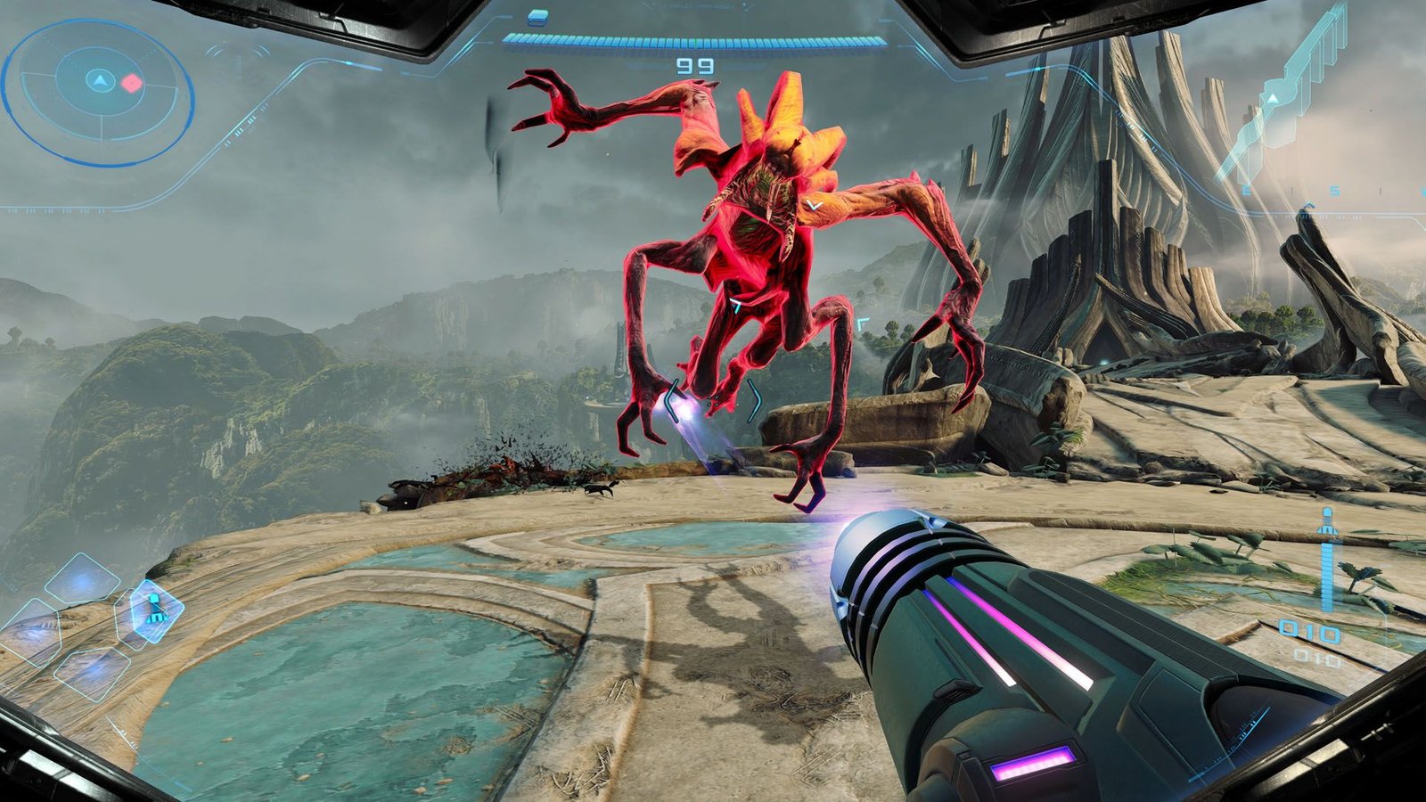 Samus fires her arm cannon at an attacking alien in Metroid Prime 4. 