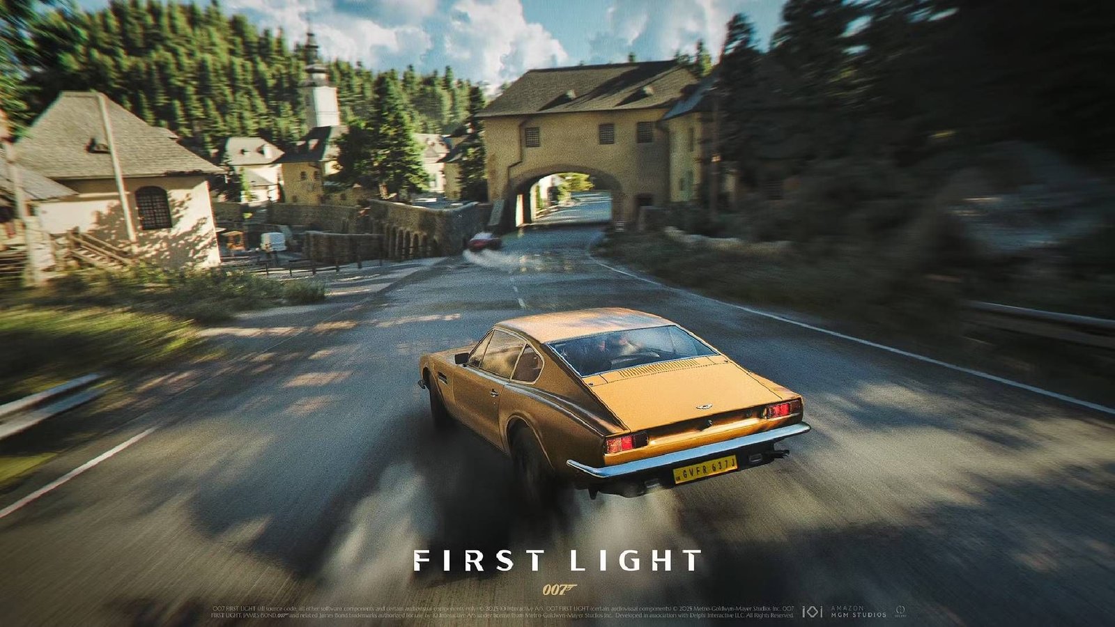007 Last Light An Orange Car Driving Fast Down European Road.
