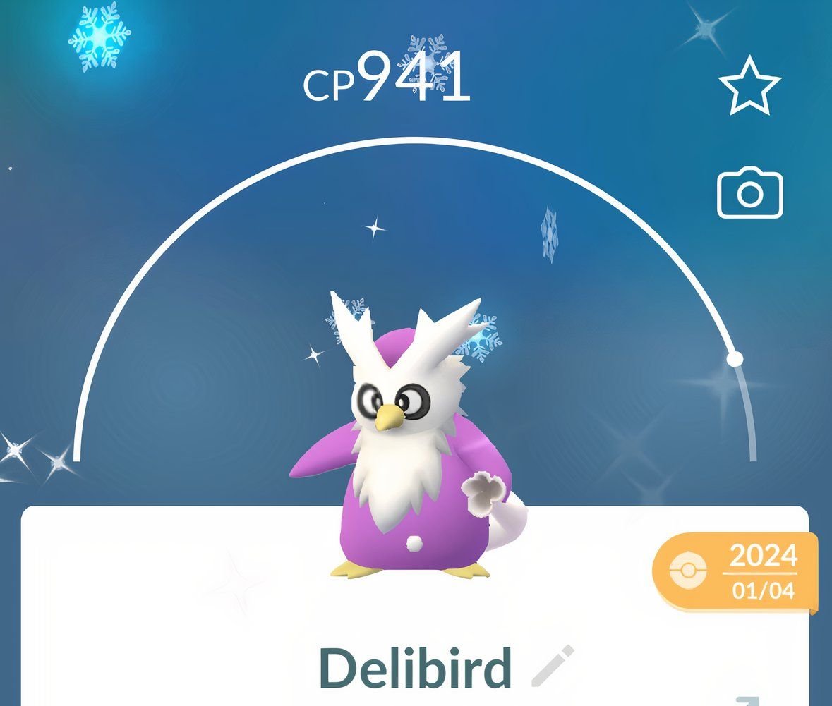 Shiny Delibird catch screen from Pokemon Go.
