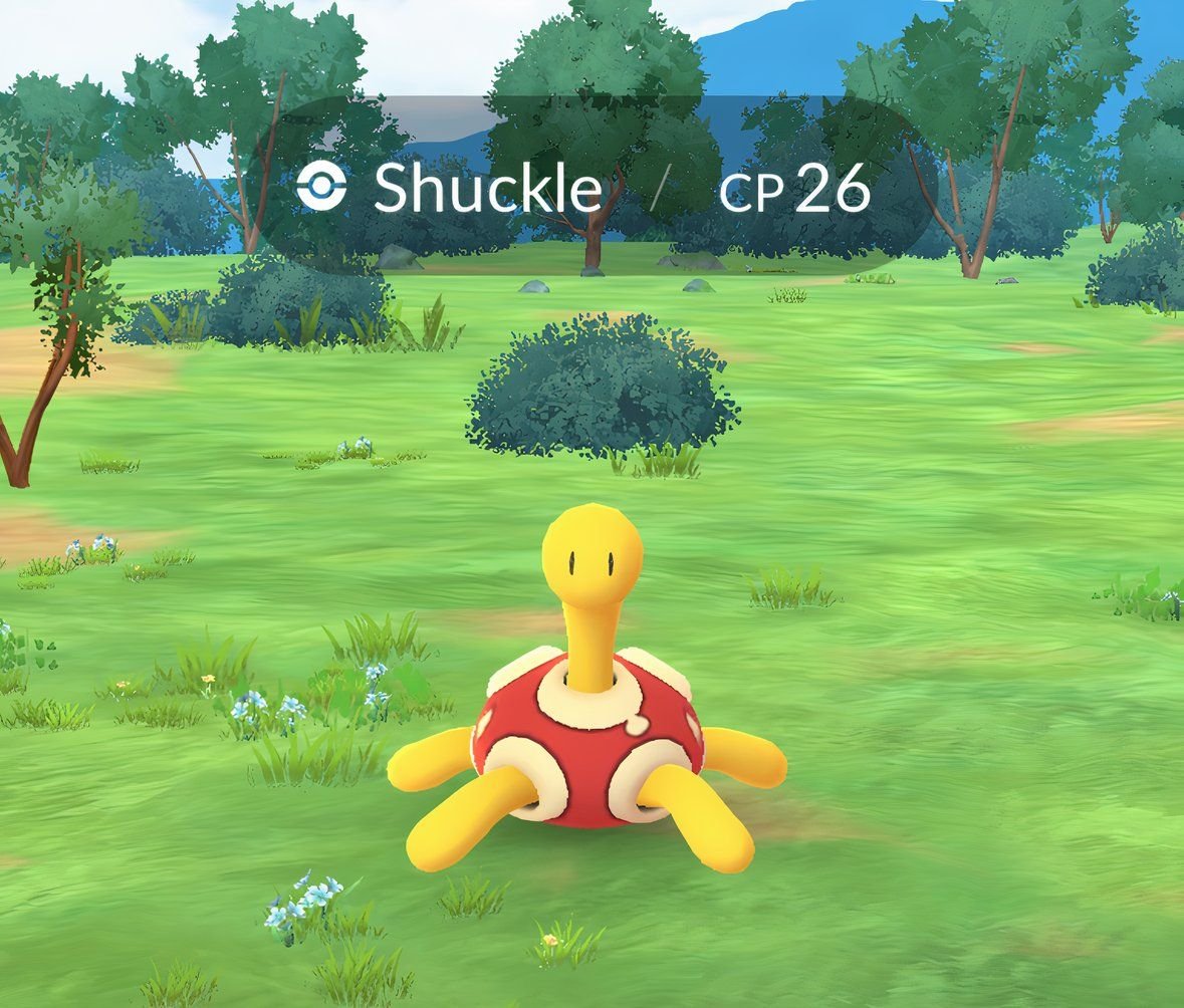 Shuckle from the catch encounter screen from Pokemon Go.