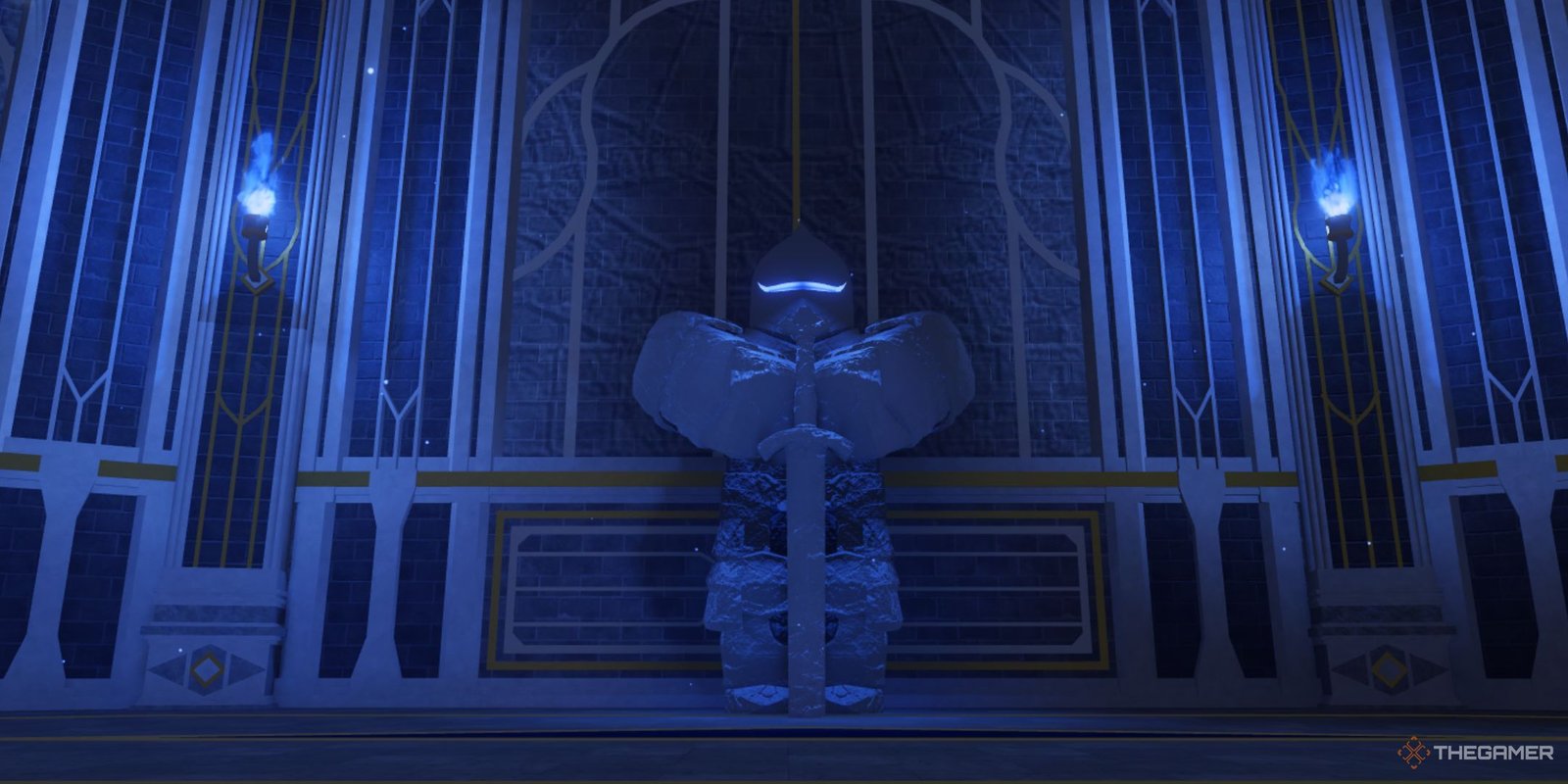 A huge warrior statue in the first dungeon in Hunters.