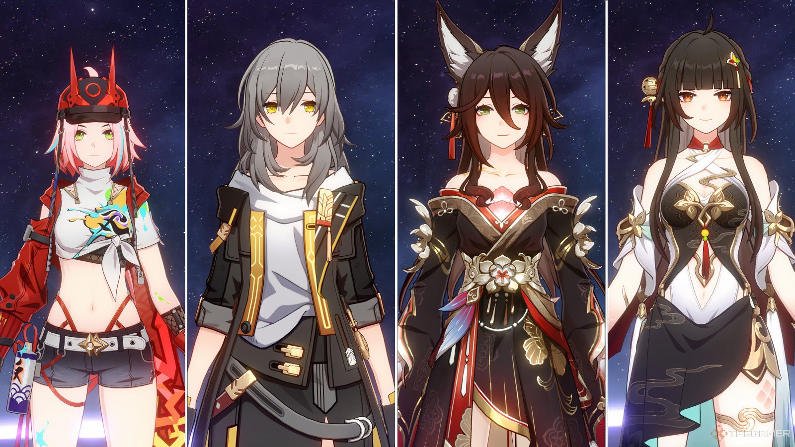 Rappa, Trailblazer, Fugue, and Lingsha in a team in Honkai Star Rail.