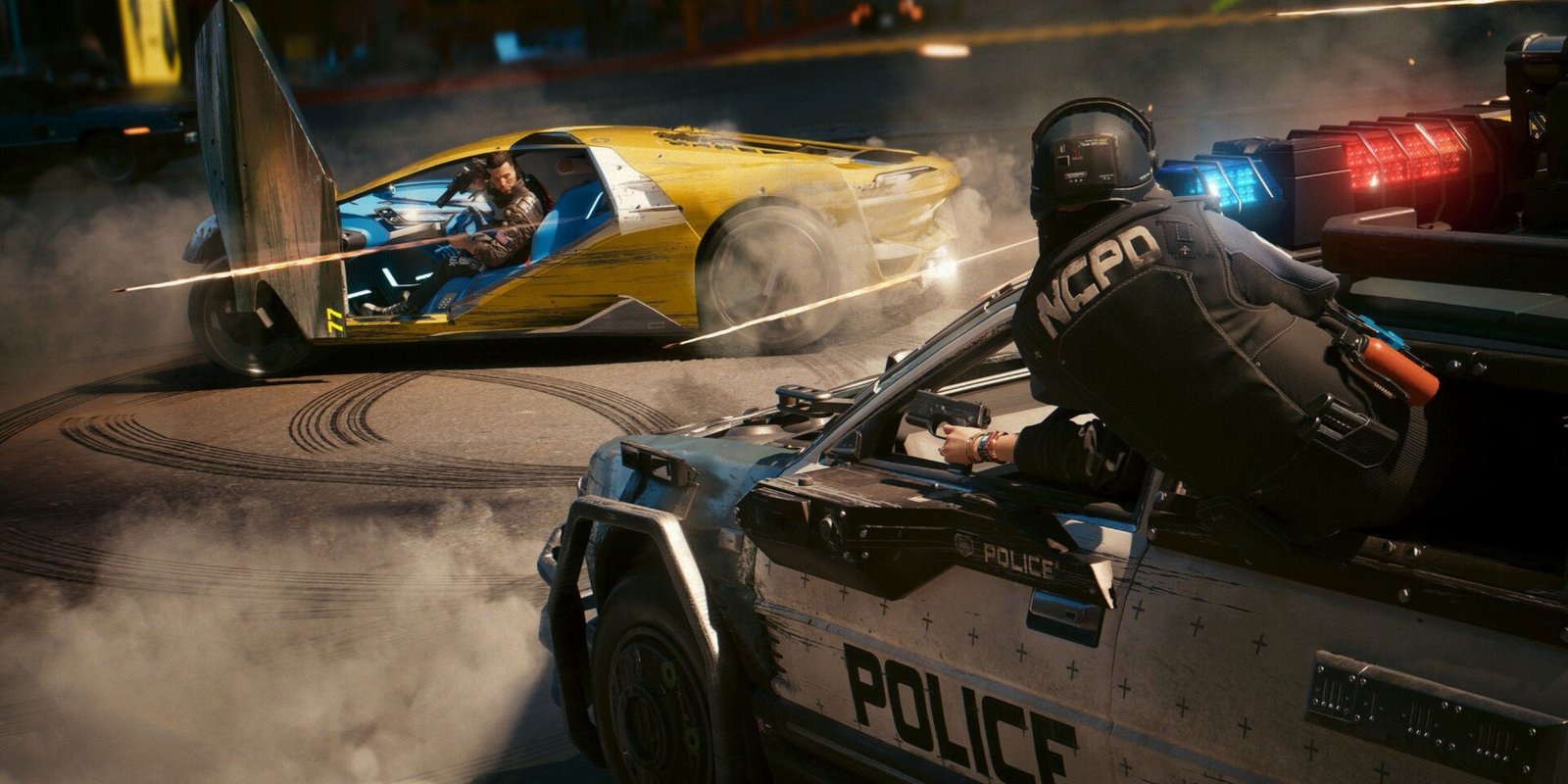 v battling police from their car in cyberpunk 2077