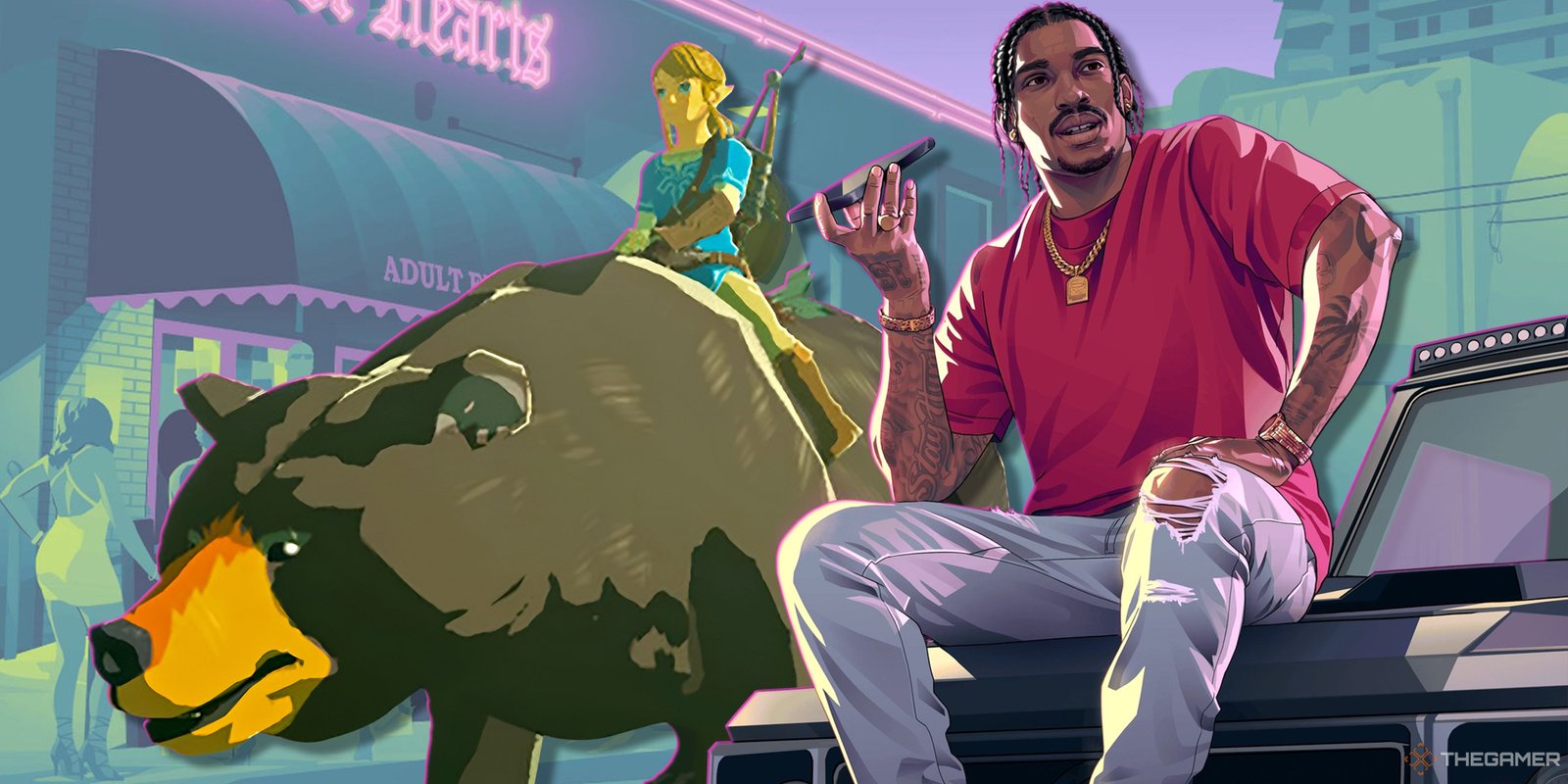 A character from GTA 6 talking on a phone on speaker, with Link riding a bear in Breath of the Wild in the background.
