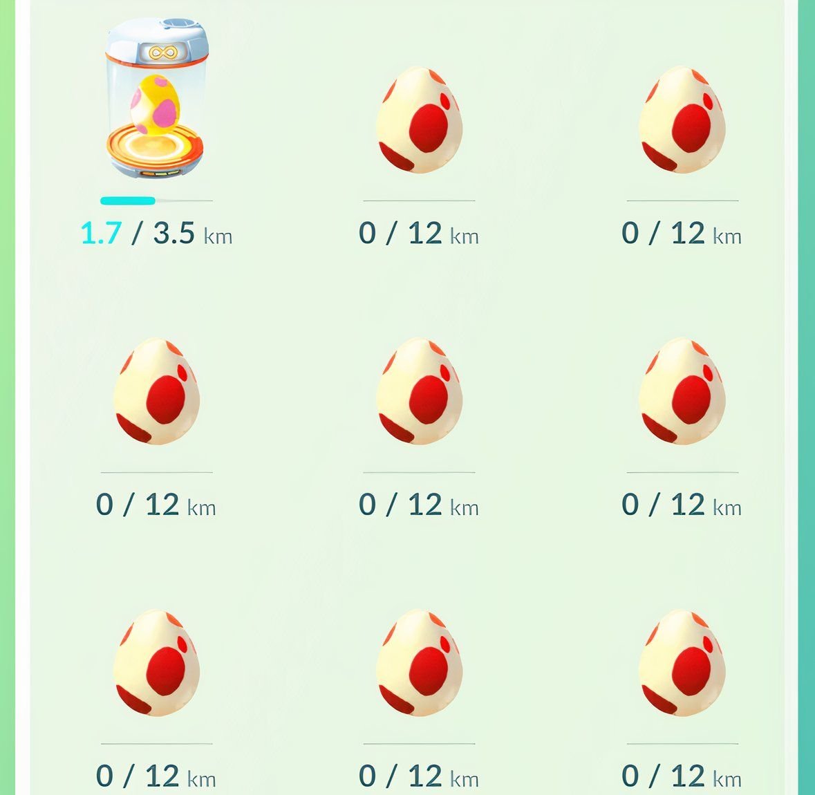 Nine different Eggs from the "Eggs" page from Pokemon Go.