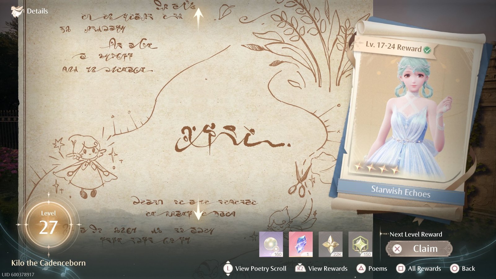 The Starwish Echoes stylish outfit from Kilo the Cadenceborn between levels 17-24 of returning Dews of Inspiration in Infinity Nikki.