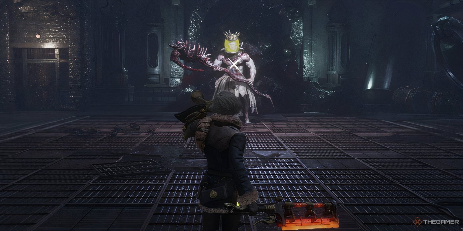 Player uses the horn to summon Alidoro as he walks into the fight against the Two-Faced Overseer in Lies of P: Overture.