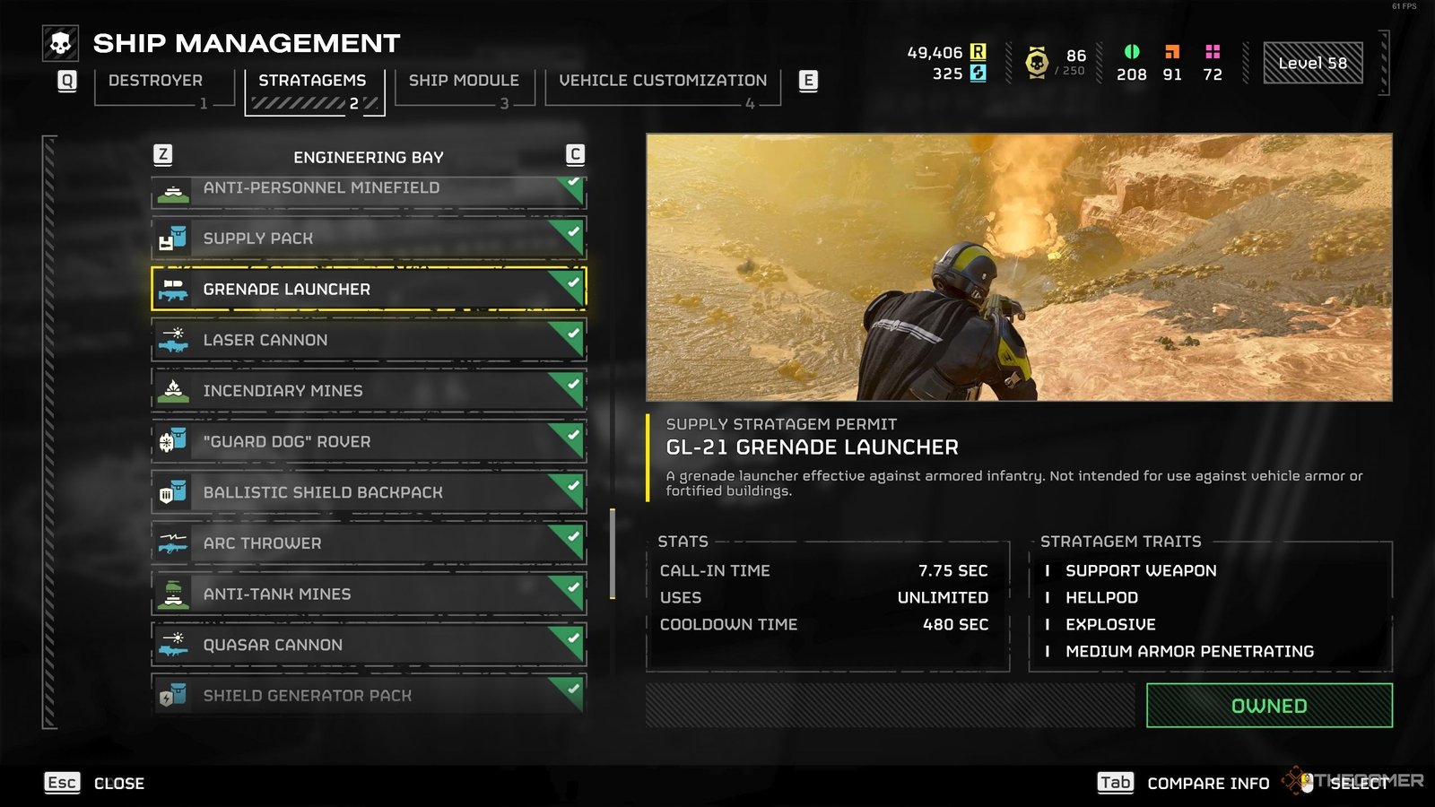 The stratagem screen for the GL-21 Grenade Launcher in Helldivers 2.