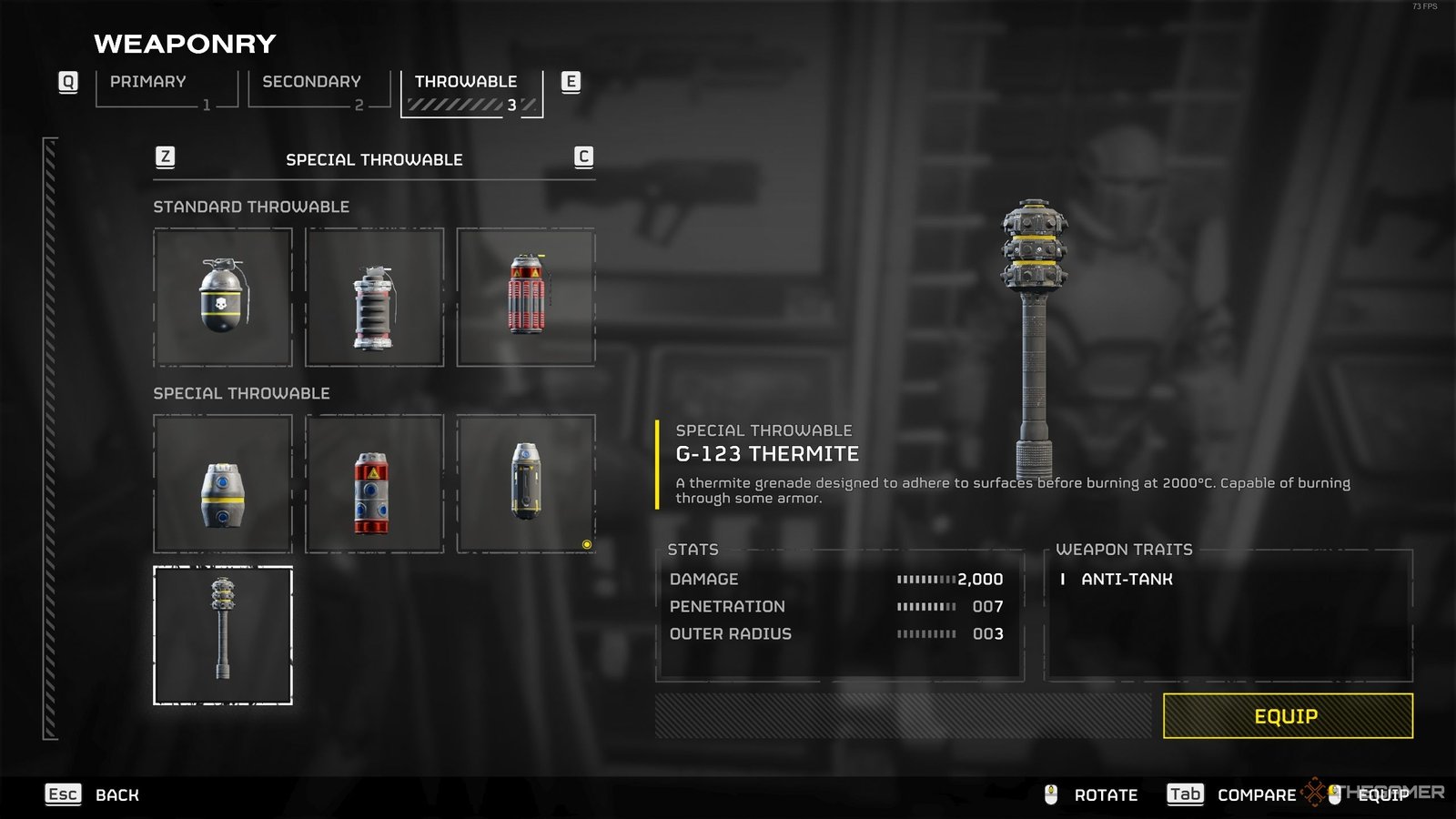 The loadout screen in Helldivers 2 showing the G-123 Thermite Grenade.