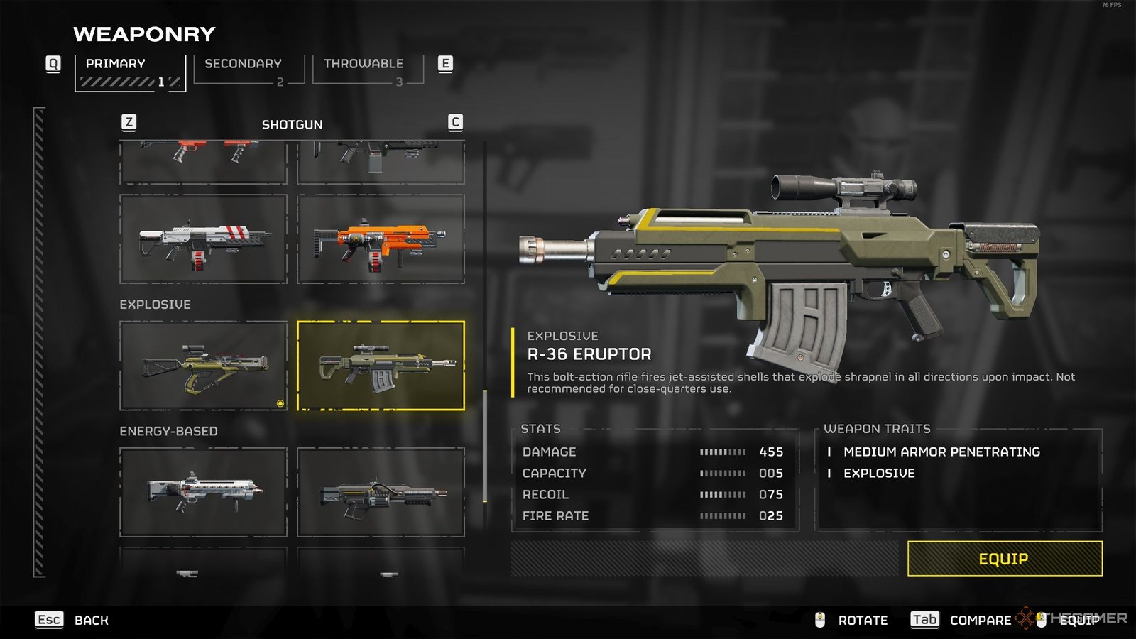 The R-36 Eruptor in the Helldivers 2 loadout screen.