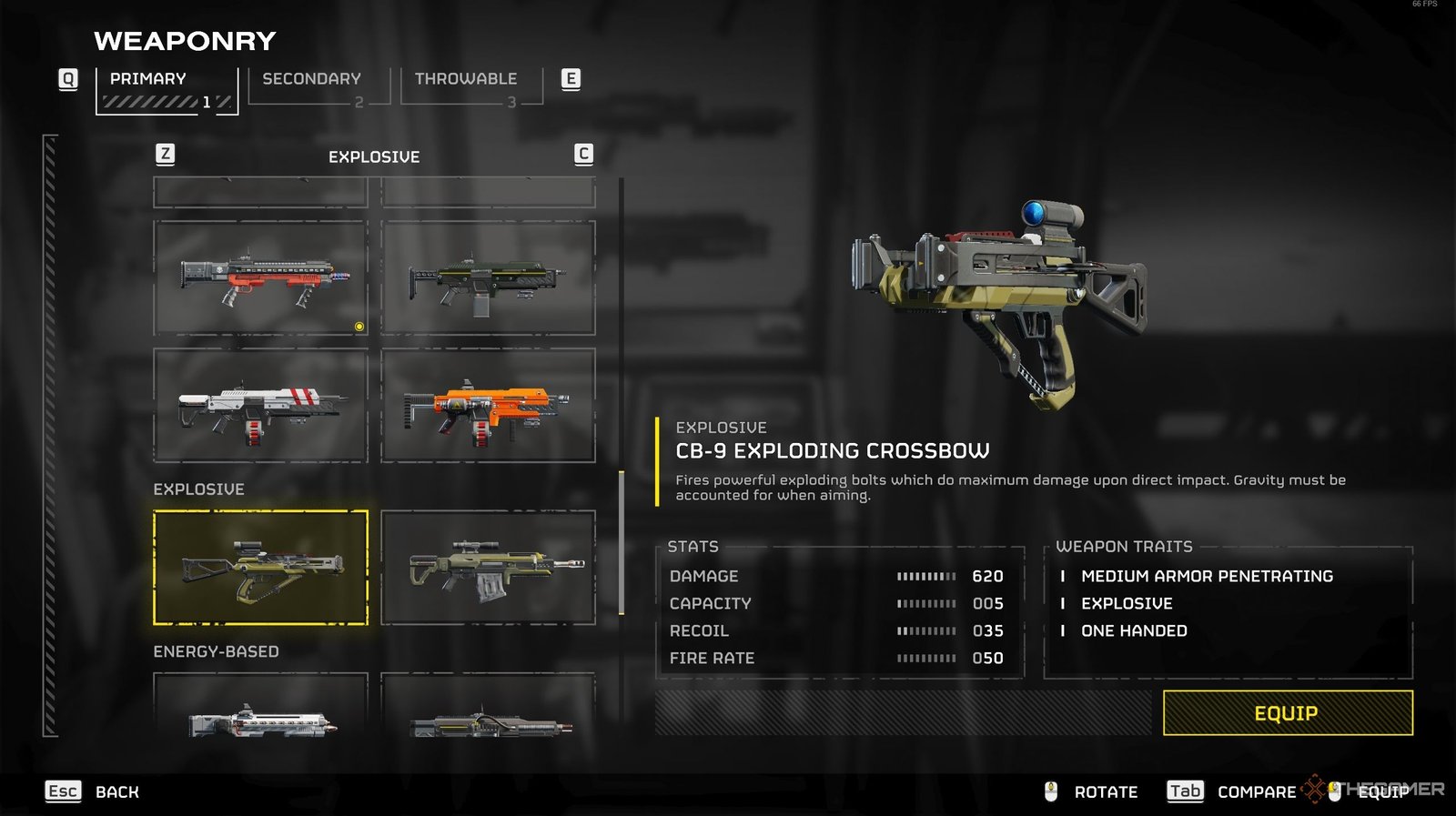 The CB-9 Exploding Crossbow's information screen on Helldivers 2.