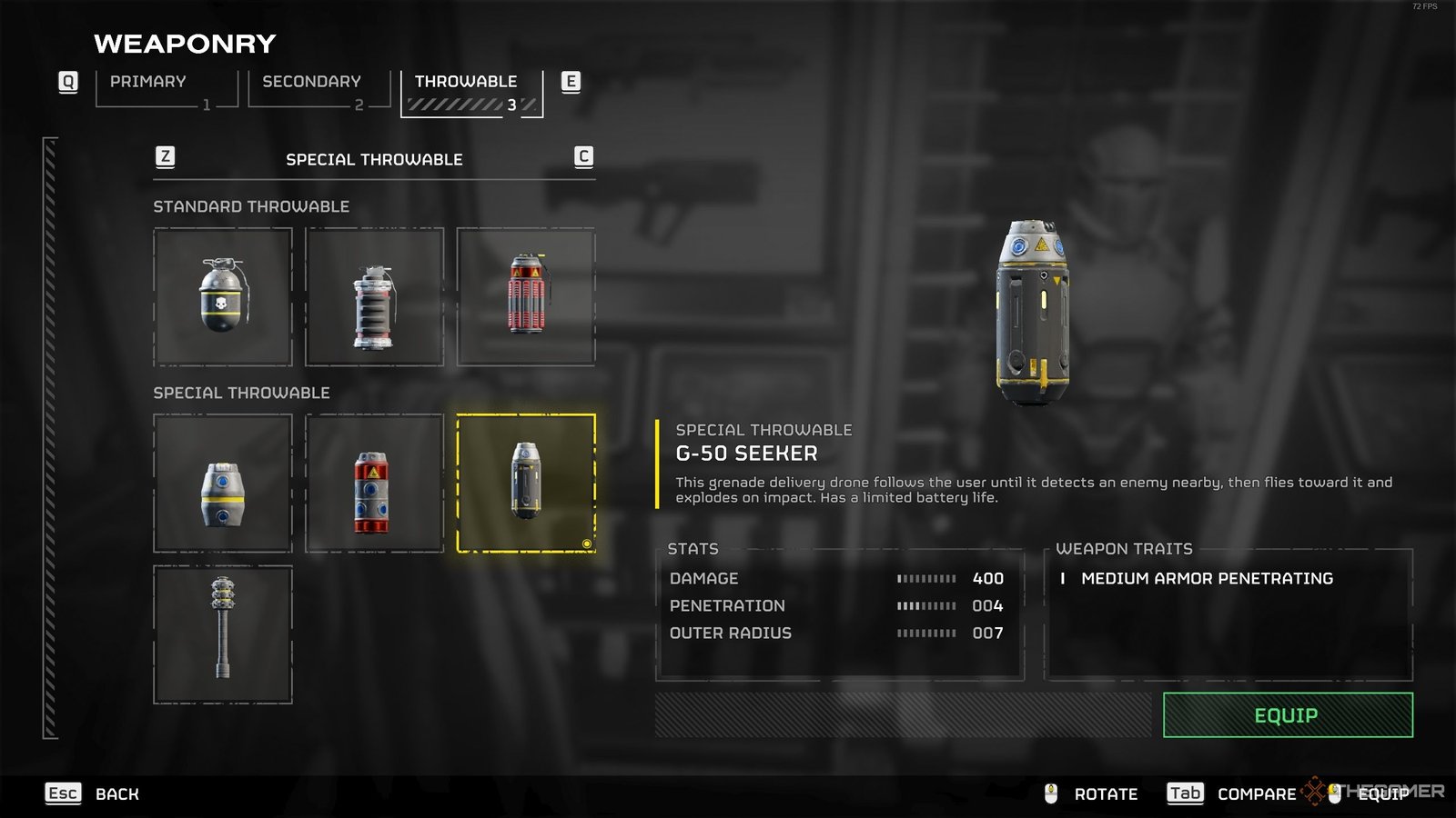 The G-50 Seeker Throwable in the loadout screen of Helldivers 2.
