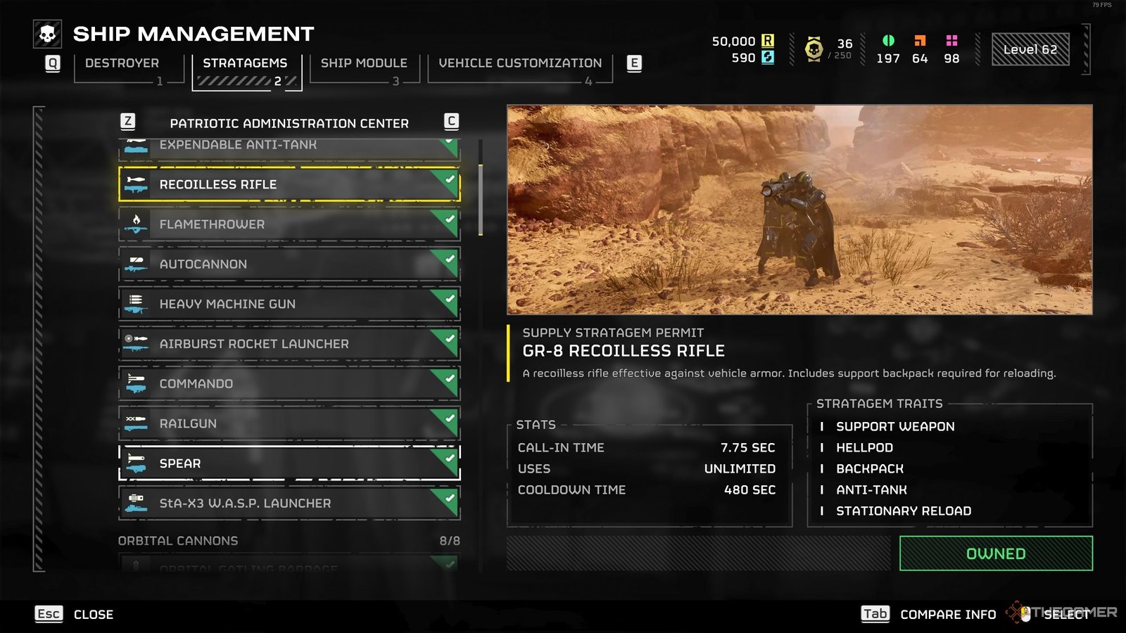The Stratagem screen of the GR-8 Recoilless Rifle in Helldivers 2.