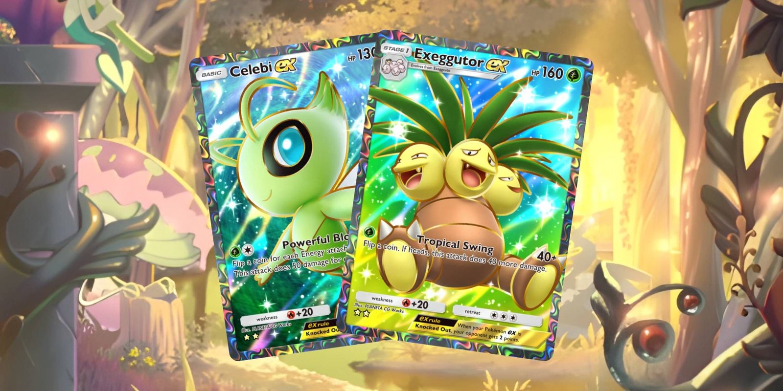 Best Exeggutor ex Arceus ex Deck In Pokemon TCG Pocket 19 The Exeggtor ex and Celebi ex cards overlaid on the Celebi Immersion Rare background.
