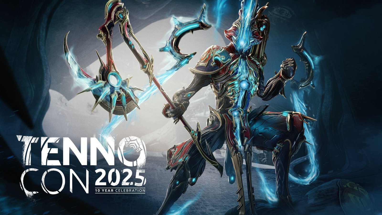 Caliban Prime posing with the Tennocon 2025 logo in Warframe.