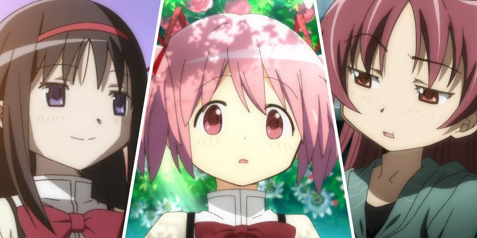 Which Characters Are Best In The Tier List For Madoka Magica Magia Exedra? 10 Split image of Homura, Madoka and Kyoko from Madoka Magica.