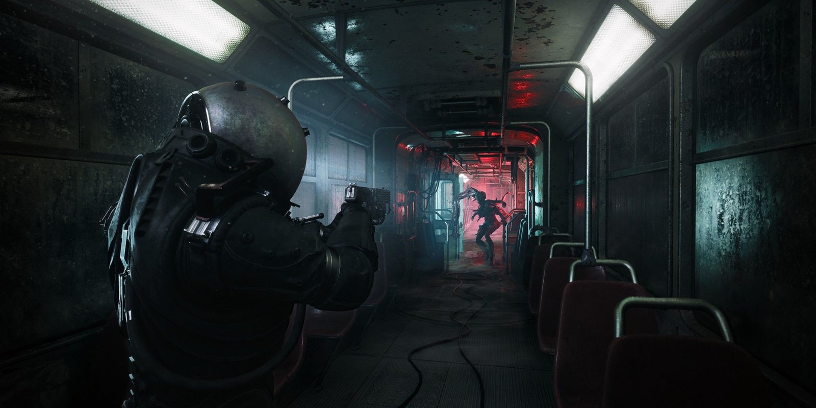 The player character faces down a monster on a subway car in Cronos The New Dawn.