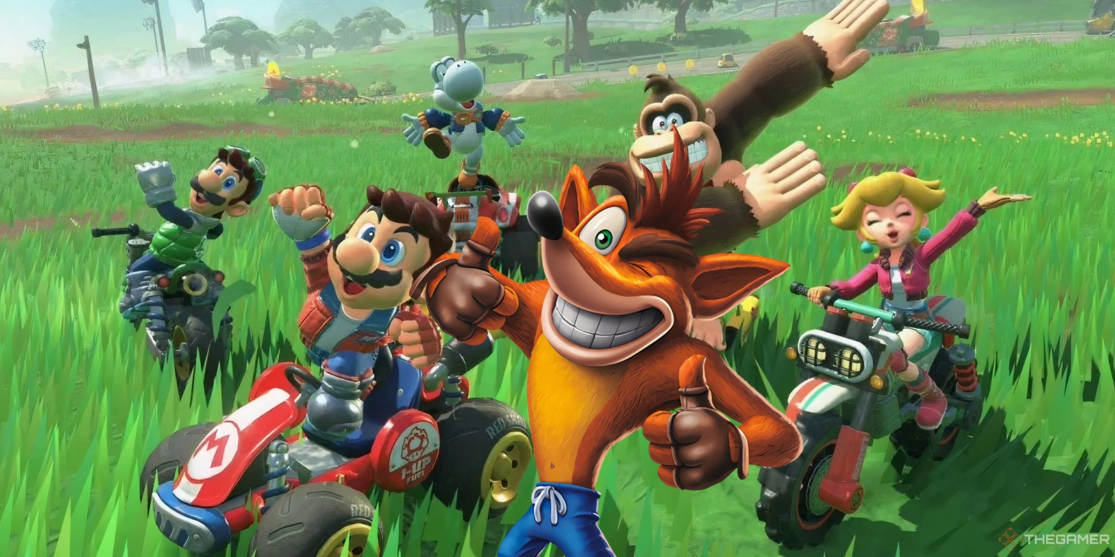 Mario Kart World Is Now Being Review Bombed After Recent Update 2 crash bandicoot posing with characters in mario kart world.